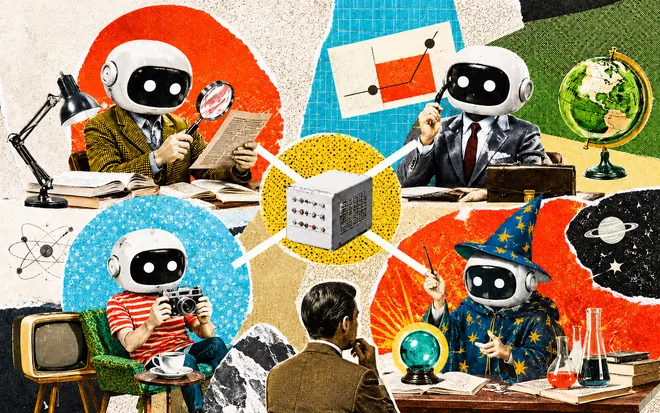 Robot-headed researchers reading, charting, photographing and divining around a central machine