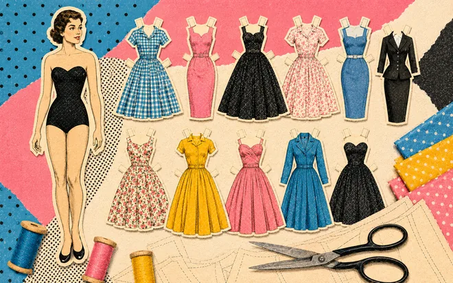 A vintage paper doll surrounded by cut-out dresses, fabric swatches and sewing patterns