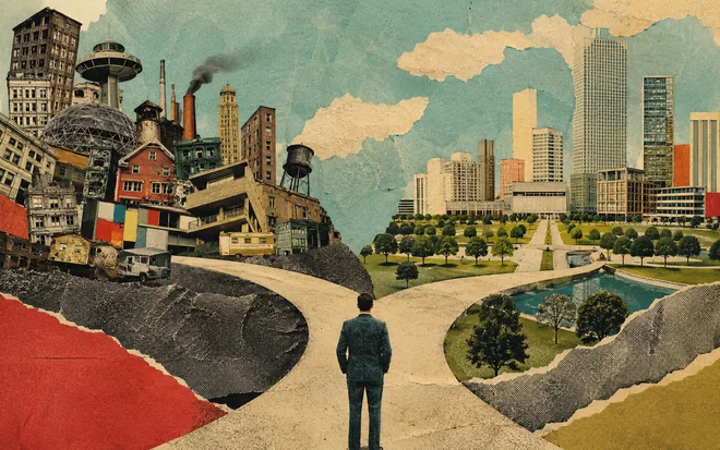 A man at a fork in the road between a derelict industrial sprawl and a planned green city