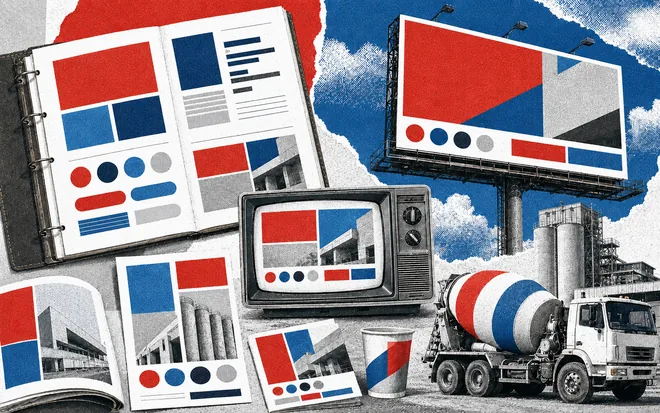 One layout system applied across a brand manual, print, a TV screen, a billboard and a cement mixer