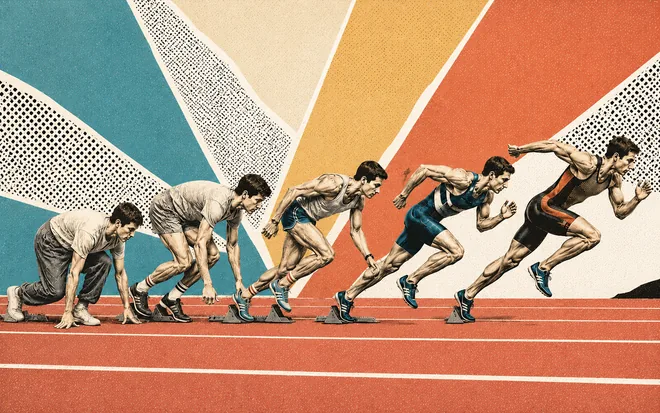 A sprinter shown in six stages, from crouched in the blocks to running at full stride