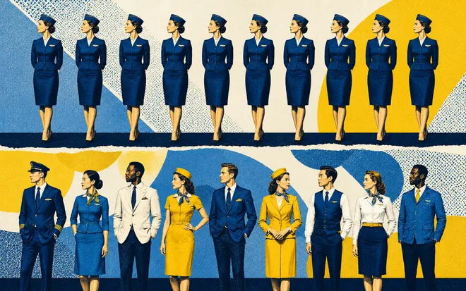 A row of identical uniformed flight attendants above a varied crew sharing one palette