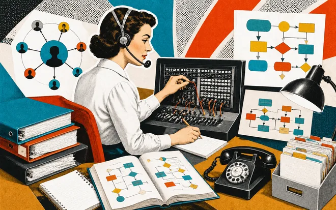 A switchboard operator surrounded by conversation flow diagrams