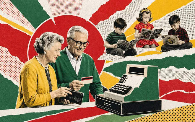 Grandparents paying by card at a cash register while children read magazines