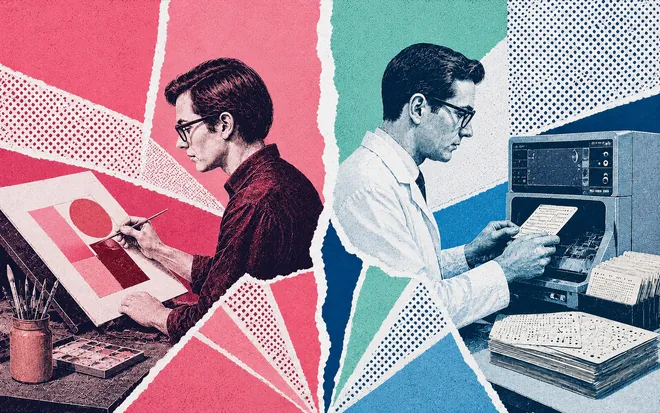 A designer painting a layout by hand beside an engineer feeding punch cards to a machine