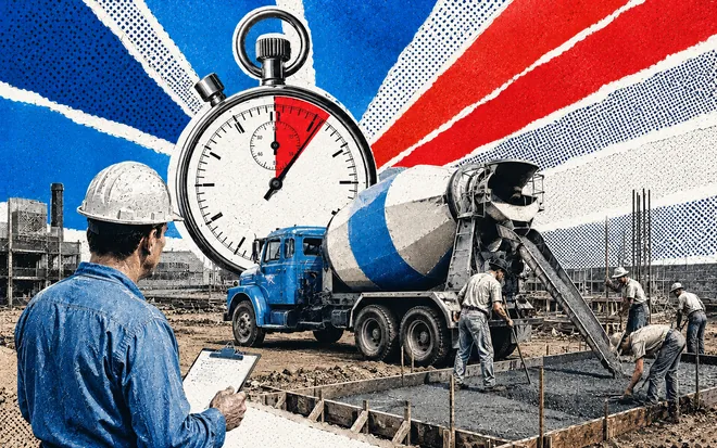 A foreman with a clipboard watching a cement pour under an oversized stopwatch