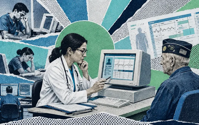 A clinician reviewing a patient record on screen with a veteran seated across the desk