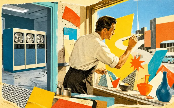 A mid-century sign painter inside a shop, hand-painting a bold abstract composition on the front window, while through a doorway behind him an idle reel-to-reel mainframe computer sits in a dim back room