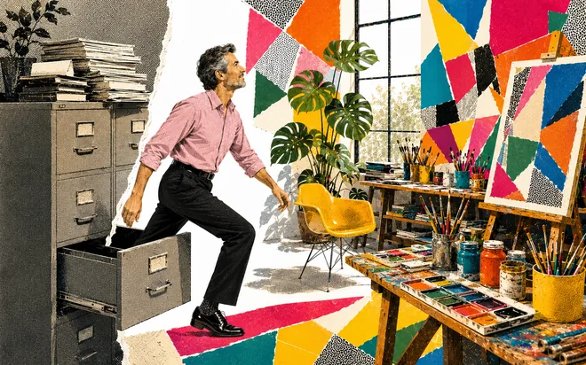 A person stepping out of a narrow filing-cabinet drawer back into a wide, colorful studio full of tools they used to use