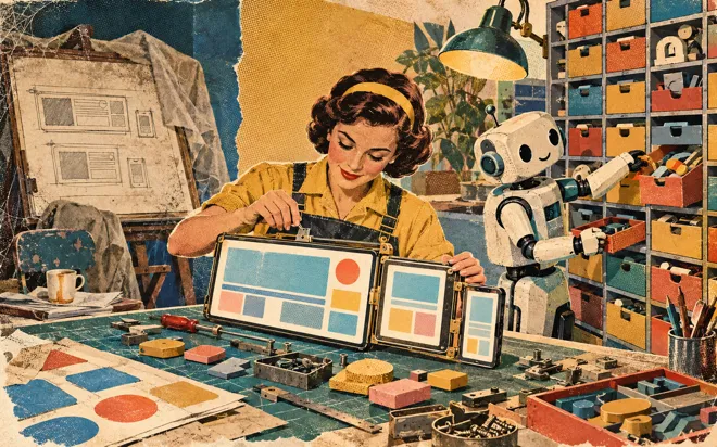 A retro collage of a designer at a workbench assembling one hinged device whose screen fits a wide panel, a tablet and a phone at once, while a friendly robot pulls parts from a wall of drawers, and in the corner an old drafting easel with the same layout drawn in three sizes sits under a dusty sheet