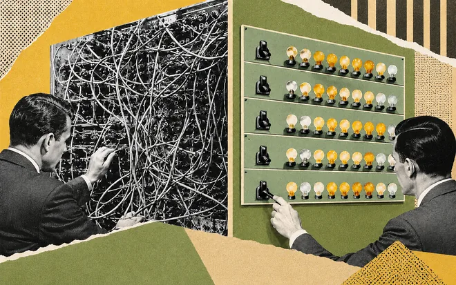One man untangling a wall of wires while another flips switches on a tidy panel of bulbs