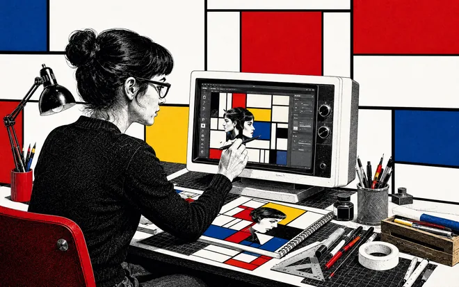 A designer at a drawing tablet composing a Mondrian-style portrait, sketches on the desk
