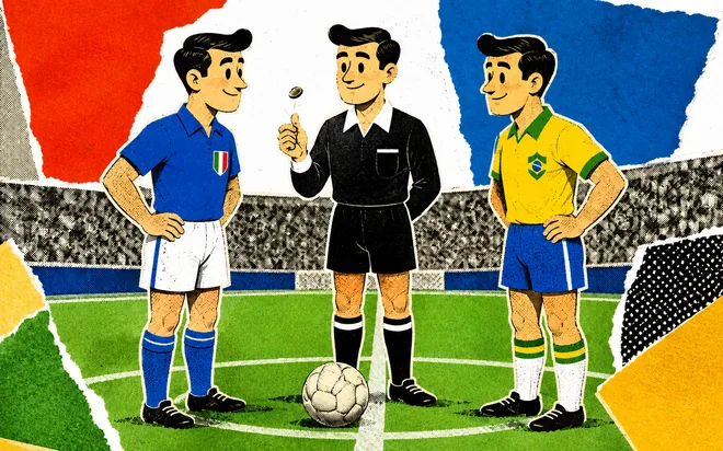 A retro cartoon illustration of a midfield coin toss where the referee and both team captains are the same man, one in an Italy kit and one in a Brazil kit