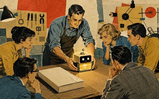 An illustrated scene of a builder placing a small glowing machine on a workshop table for a gathered engineering team to lean in and watch, while a thick spec document lies closed and blank beside it