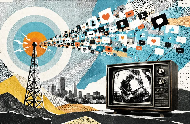 A broadcast tower spraying likes and comments toward a TV showing a guitarist