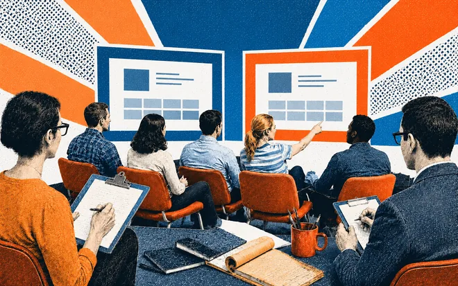 A team watching two interface mockups on screen, clipboards in hand, one person pointing
