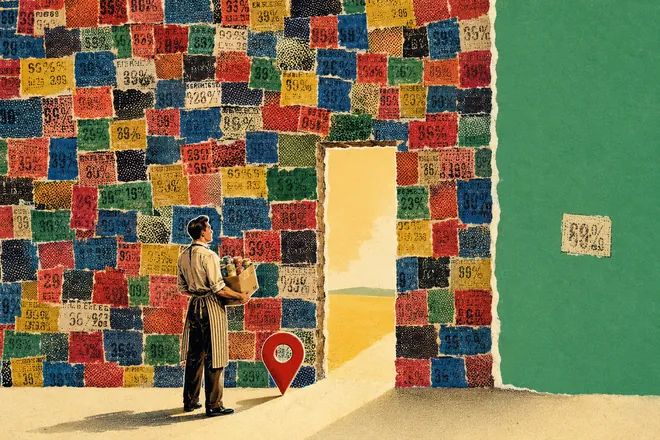 A shopkeeper holding a box of goods stands before a towering wall of mismatched tax-rate tiles, with a doorway opened beside a dropped location pin